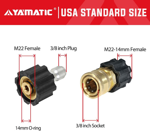 YAMATIC Pressure Washer Quick Connect Kit, M22 14mm Female to 3/8" Socket and M22-14mm Female to 3/8" Plug, Pressure Washer Quick Connect Fittings...
