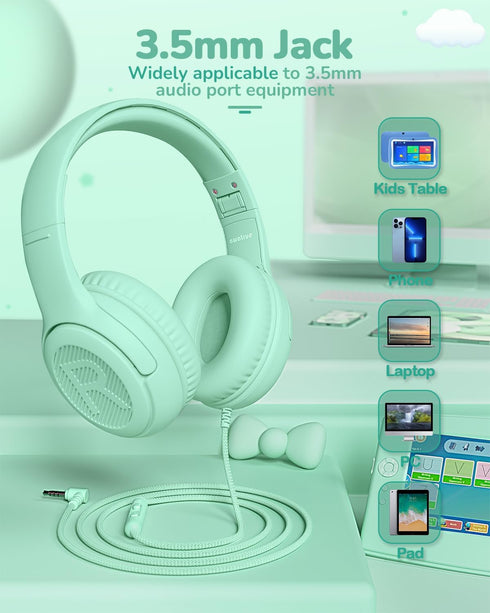 Kids Headphones for School Toddler Wired with Microphone Plug in Bulk Boys Headset Girls 3+ Year Old Green...