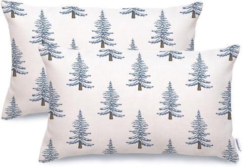 Christmas Pillow Covers 12x20 Inch Set of 2, Blue Xmas Trees White Farmhouse Decorative Throw Pillowcases for Home Sofa Couch Cushion Decoration G...