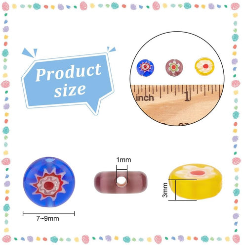 PH PandaHall 260Pcs 8mm Assorted Lampwork Beads Millefiori Lampwork Glass Beads Loose Bead Flat Round Spacer Bead for Necklace Earrings Jewelry Ma...