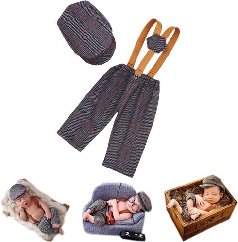 Coberllus Newborn Baby Photography Photo Props Checked Fabric Boys Flat Cap & Suspender Pants Romper Photography...