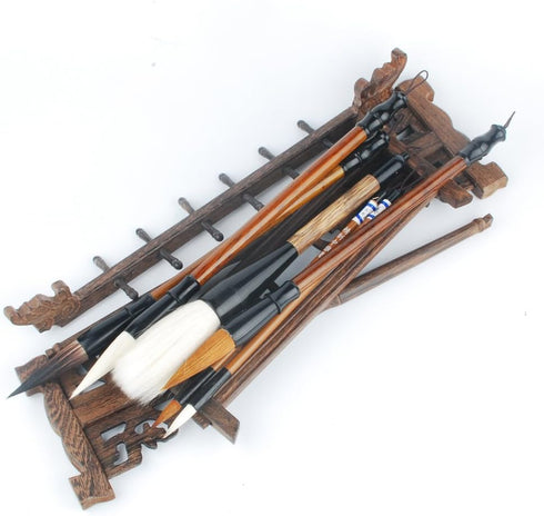 NWFashion Wood Carving Calligraphy Sumi Brush Hanger Calligraphy Rosewood Stand Shelf 12pins Chinese Brush Holder … (6 Brush+Holder)...