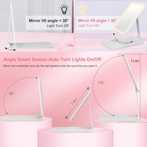 MILEDUO Rechargeable Travel Makeup Mirror with Lights, Foldable Compact Mirror with 1500mAh Battery, 3 Color Light Touch Screen for Travel and Wom...
