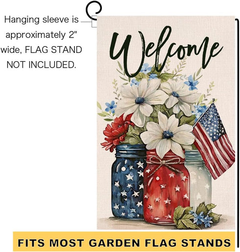 4th of July Floral Garden Flag 12x18 Vertical Double Sided Patriotic Mason Jar Flowers Red Blue Memorial Day Independence Day Holiday Outside Deco...