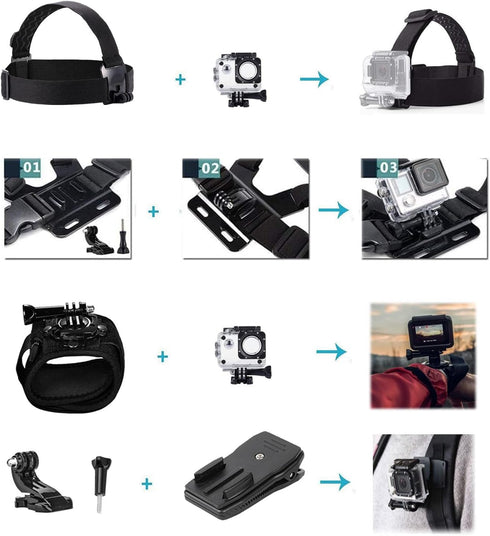 Action Camera Head Mount Strap Chest Mount Harness Backpack Clip Wrist Strap Mount Accessories Kit Compatible with Gopro Hero 12 11 10 9 8/Insta36...