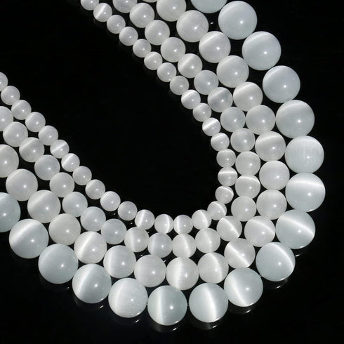 Yochus 8mm White cat-Eye Round Loose Beads Natural Stone Beads for Jewelry Making...