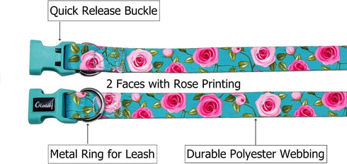 Dog Collar and Leash Set, Rose Pattern, Polyester Material, 5ft Matching Leash, for Small Dogs.(S, Green Rose Set)...