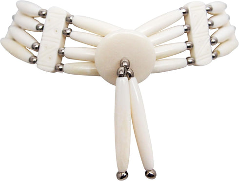 American Indian Style Bone Choker Necklace, 4 Row White Traditional Hairpipe, Unisex Adjustable...