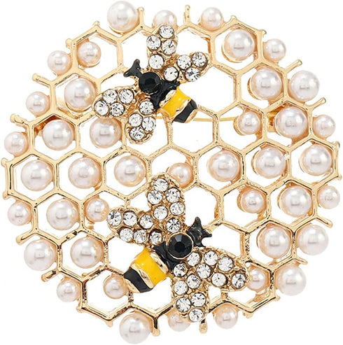 Honeycomb Pearl Rhinestone Brooch Pin for Women Girls Geometric Gold Plated Imitation Pearls Small Bee Animal Lapel Pins Cute Dress Accessories Bi...