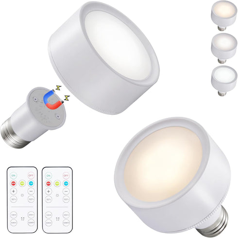 2 Pack Magnetic Battery Operated Light Bulbs with Remote Control, Cordless LED Puck Lights, Wireless Dimmable E26 Screw in AA Battery Power Bulbs ...