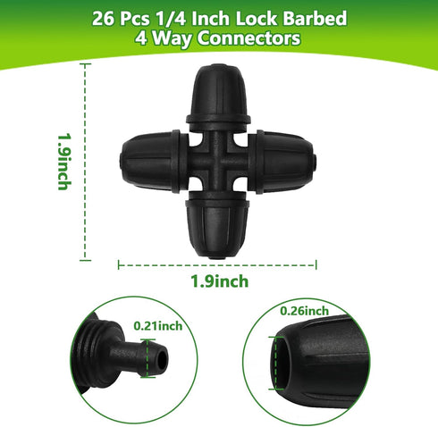 1/4" Drip Irrigation Fittings, 26 Pcs Lock Barbed Cross Connectors for 1/4 Inch Drip Irrigation Tubing Drip Line 4 Way T Parts with Lock Nut for G...