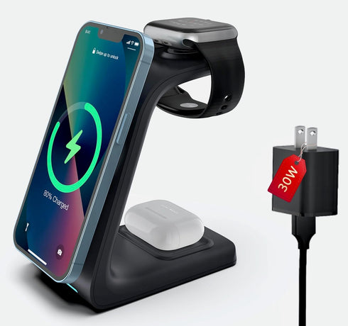 3 in 1 Magnetic Wireless Charger Station for Apple Devices with 30W QC3.0 Adapter 7.5W/15W Fast Charging for iPhone12/13/14/15/Pro/Pro Max/Plus/Mi...