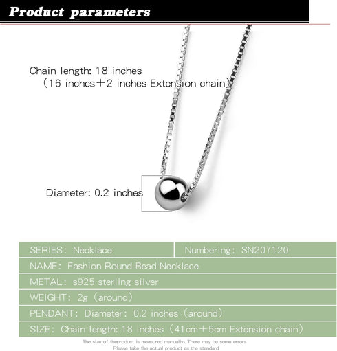 Classic Sterling Silver Ball Necklace For Women Fashion Bead Pendant Choker Solid 925 Silver Chain 16 "+2 "Adjustable Fine Jewelry Gift...