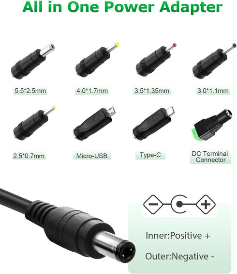 15V 2A DC Power Supply Adapter 30W AC/DC Charger AC 100V-240V to DC 15 Volt 2000mA 1500mA 1000mA Replacement Power Cord with 8TIPS for Monitor Wir...