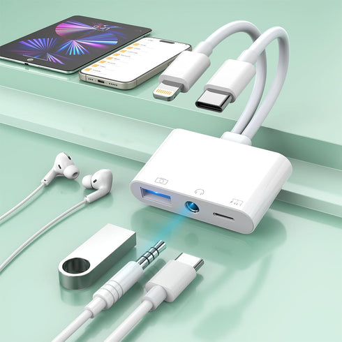 Lightning + USB C to Aux Audio Headphone Jack Adapter,Multi USB OTG Camera Adapter+3.5mm Earphone Jack+Type-C Earphone/Charge Port,Phone Splitter ...
