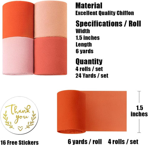 UpUDo 4 Rolls Chiffon Ribbon, 1.5" x 6Yd Mixed Rose Silk Ribbons, Frayed Edges for Wedding Invitations, Bridal Bouquets, DIY Crafts, Gift Wrapping...