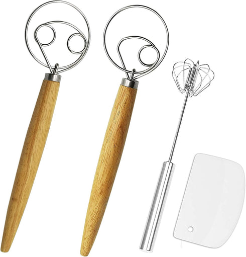 Danish Dough Whisk Bread Mixer&Egg Whisk Kits, 2 Pack Premium Stainless Steel Dutch Whisk & 1 Pack Hand Push Rotary Whisk Blender Pastry or Pizza ...