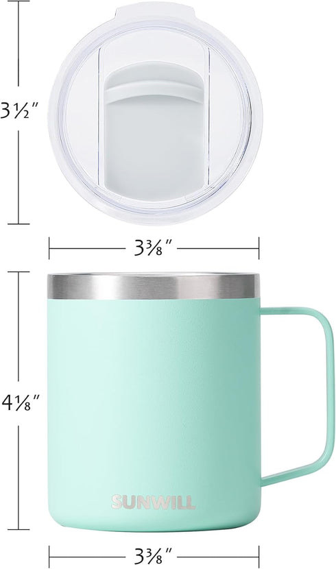 SUNWILL Insulated Coffee Mug with Lid, Travel Tumbler with Handle, 14 oz Stainless Steel Cup for Camping, Office, Home, Powder Coated Mint...