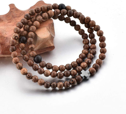 Christian Prayer Beads Rope Bracelet | Wooden Beads + Hematite Cross | Women Men Children | Great Gift for any Occasion!...