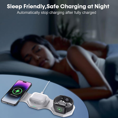 3 in 1 Wireless Charger for iPhone MagSafe Foldable - Magnetic Travel 18W Fast Charging Station Soft Silicone Sleep-Friendly Portable Charger Stan...