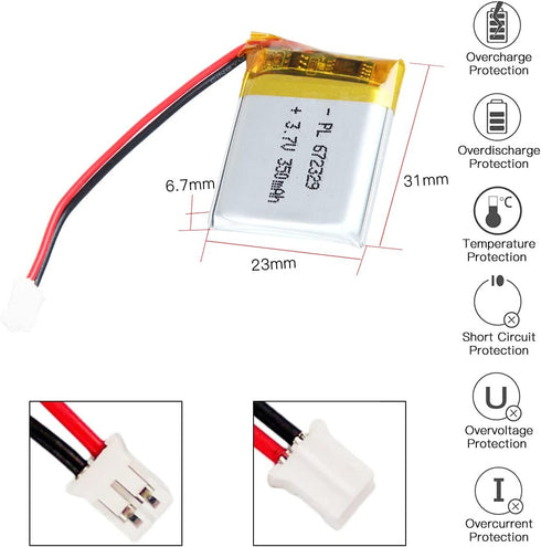 3.7V 350mAh Battery 672329 Lithium Polymer Ion Rechargeable Li-ion Li-Po Battery with 2P PH 2.0mm Pitch Connector...