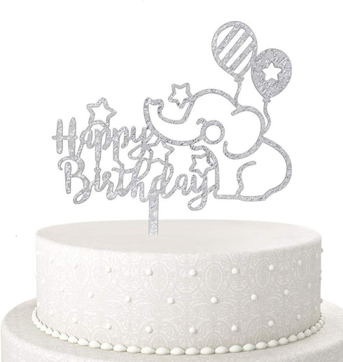 Baby Elephant Happy Birthday Cake Topper, Glitter Animal Elephant Theme Birthday Party Decorations (Silver)...