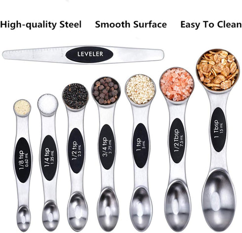 Stainless Steel Baking Tools, Magnetic Double-Headed Measuring Spoons, Seasoning Measuring Spoons With Scraper (8 PCS,Black?...