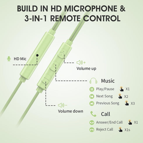 Green Wired Earbuds with Mic in-Ear Earphones with Build-in Microphone Noise Isolating Headphones Perfect for Women Girls Boys Teens School Comput...
