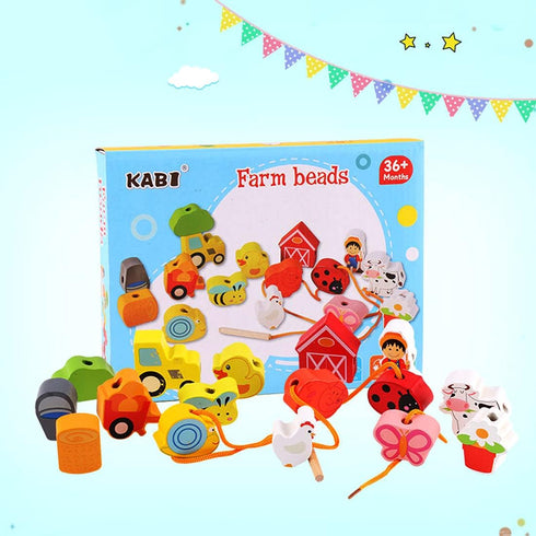 Lacing Farm Toy Wooden Block Set, Early Educational Toys String & Lacing Beads Games for Toddlers Kids Farm Animal Learning Play Set (16 Pieces)...