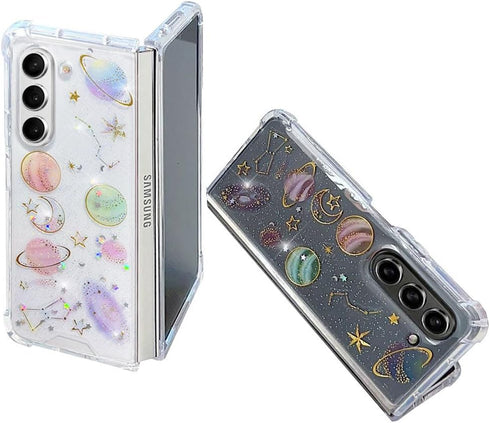 Abbery for Samsung Z Fold 5 5G Case Space Theme Clear with Design Bling Glitter Sparkly Stars and Moon Planet Durable Shockproof Transparent Unive...