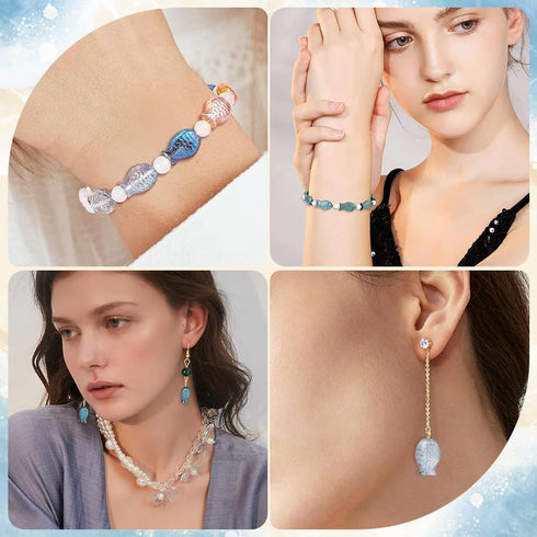 SUNNYCLUE 1 Box 90Pcs Fish Beads Fish Glass Beads Bulk Electroplated Frosted Blue Fish Animal Bead Summer Sea Ocean Animals Double Sided Loose Spa...