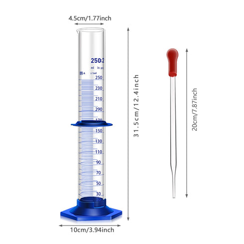 Thick Glass Graduated Cylinder Measuring Liquid Lab Cylinders with Anti-Falling Plastic Base and Bumper Guards and Glass Dropper (Glass, 250ML)...