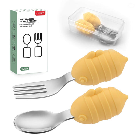 Baby Fork and Spoon Set with Carry Case Baby Training Utensils Self Feeding Toddler Silverware Silicone and Stainless Steel Kids and Toddler Utens...