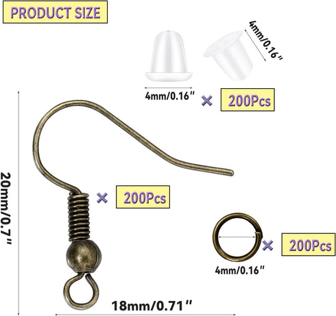 600Pcs Hypoallergenic Earring Hooks, Antique Bronze Making Kit With Backs and Jump Rings for Jewelry (Bronze)...