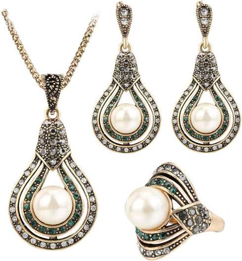 Dtja Vintage CZ Pearl Earrings Teardrop Pendant Necklace Jewelry Set for Women Girls Gold Plated Faux Pearls Boho Wedding Cocktail Party Christmas...
