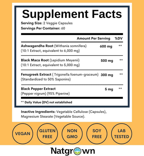 Natgrown Ashwagandha Maca Root Fenugreek Extract Capsules Supplement for Men & Women - Vegan Pills - (120 Count)...