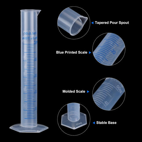 uxcell Plastic Graduated Cylinder, 50ml Measuring Cylinder, Test Tube Beakers, 2-Sided Metric Marking, Clear Hex Base for Lab Home 10Pcs...