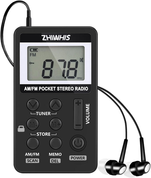Portable Radio, ZHIWHIS AM FM Mini Transistor Rechargeable Battery Personal Digital Tuning Stereo Pocket Walkmen Radios with Shutdown Memory and E...