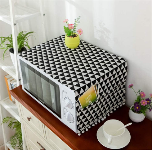 Microwave Oven Cover Dust Oil Proof Cloth with Storage Pockets Cotton Linen Kitchen Toaster Appliance Protector (Black triangle)...