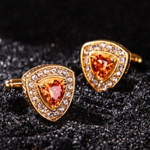 V & L Gold Crystal Cuff links Yellow – Fancy Unique Elegant Sparkling Luxury Gem Stone Cufflinks for men in Triangle - Perfect for Wedding, Formal...
