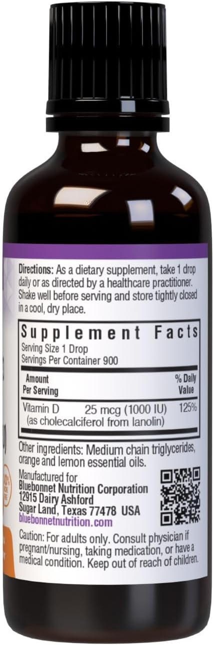 BlueBonnet Vitamin D3 1000 IU 25mcg Strong Bones & Immune Support Supplement - Liquid Vitamins for Women & Men - Lanolin VIT D Drops with MCT Oil ...