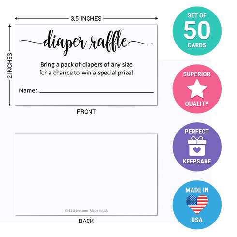 321Done Diaper Raffle Tickets, Made in USA - 3.5x2 White, With Name Line, Baby Shower Game, Enter to Win Drawing, Prize, Small - Set of 50...