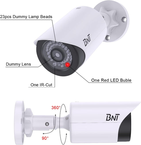 BNT Dummy Fake Security Camera, with One Red LED Light at Night, for Home and Businesses Security Indoor/Outdoor (2 Pack, White)...
