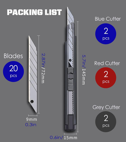 6 Pack Utility knife Retractable with 30 Degree Snap Off Blade Lockable Cardsharp Box Cutter Knife with Extra 20 Sharp Blades for Heavy Duty Offic...