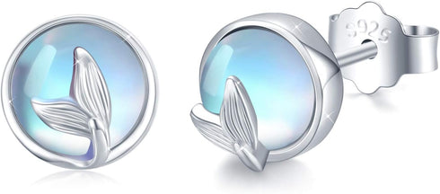 Mermaid Tail Moonstone Stud Earrings Jewelry Gifts 925 Sterling Silver Ocean Sea Whale’s Tail Earrings Moonstone Fishtail Stud Earrings for Women...