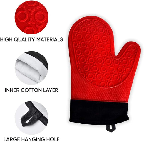 2PCS Red Black Professional Extra Large Silicone Oven Mitts and Pot Holders Oven Gloves Heat Resistant Gloves Kitchen Mittens BBQ Holders for Cook...