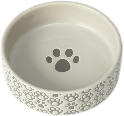 PetRageous 18428 Paws Shallow Round Stoneware Dog Bowl 5-Inch Width and 1.5-Inch Height 1.5-Cups Capacity, Grey...