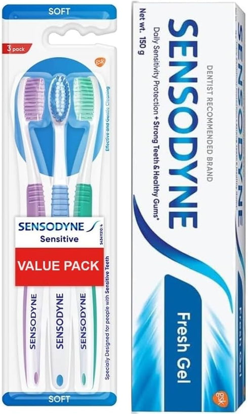 Pack of 3 Sensodyne Sensitive Toothbrush Bundle with 1 Fresh Gel Toothpaste 150g (5.28 oz)...