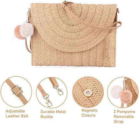 Handwoven Round Straw Shoulder Bag Crossbody Bag Girls Summer Beach Straw Bag Envelope Wallet for Womens...