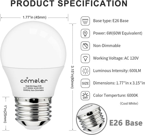 comzler E26 Base 8 Pack Light Bulbs, 6000K Cool Bright Daylight A15 Light Bulbs, 60 Watt Equivalent120V Energy Saving Refrigerator Small Bulbs, Ap...